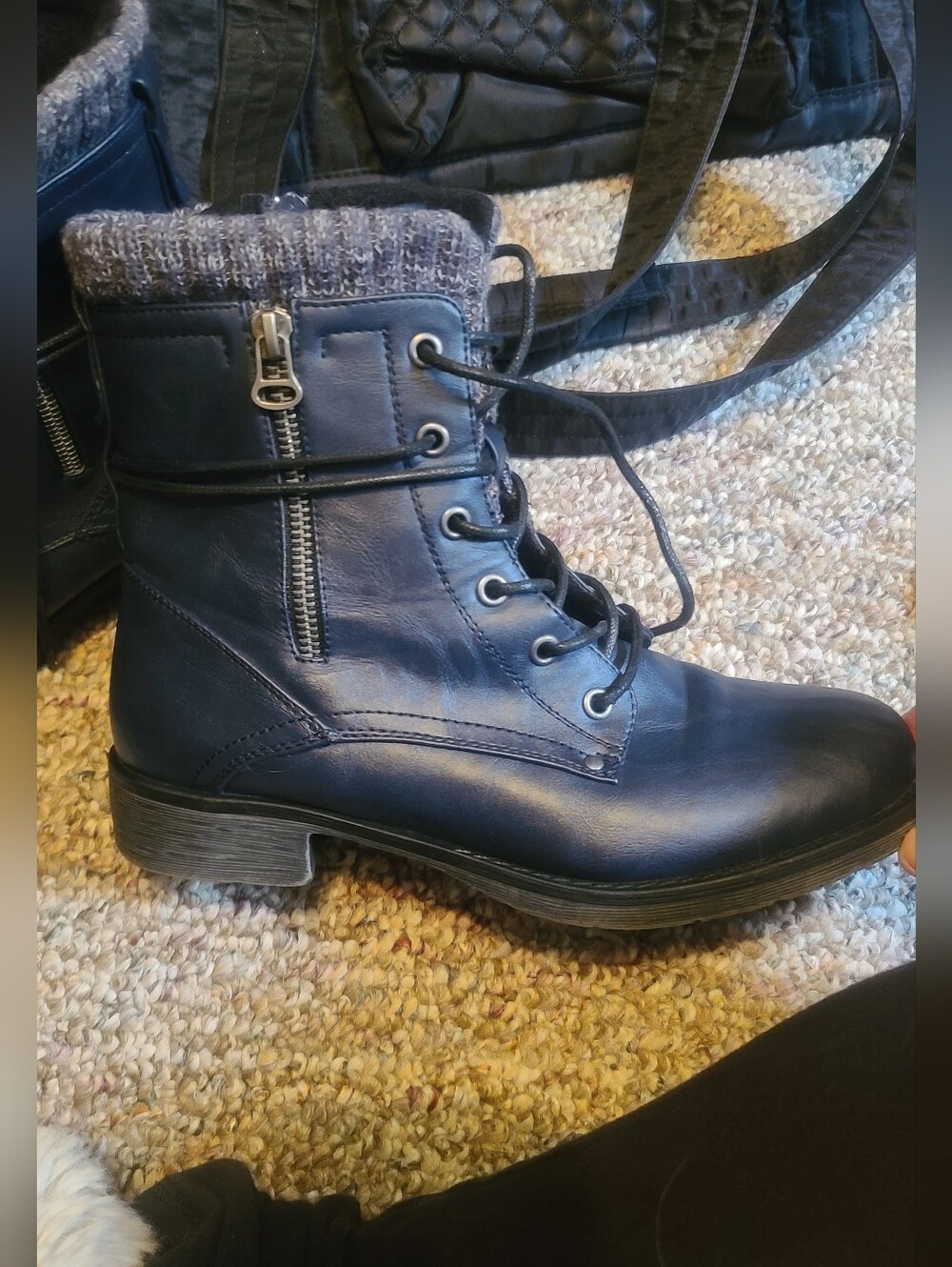 Women's Lace-Up Ankle Boots with Side Zipper - Navy